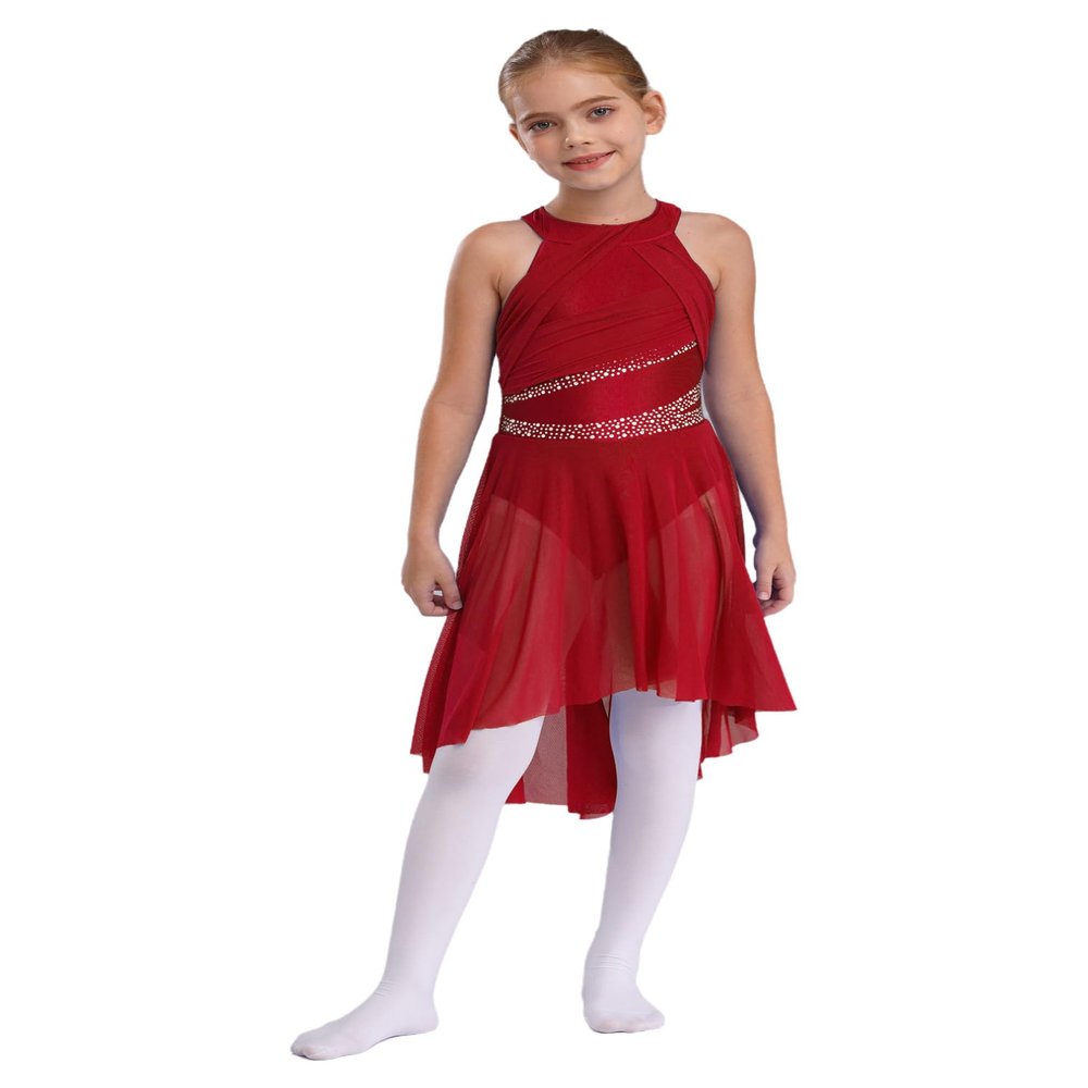FEESHOW Girls Sequined Sleeveless Ballet Contemporary Lyrical Dance Dress Leotard Irregular Skirt Costumes Burgundy 6 Years
