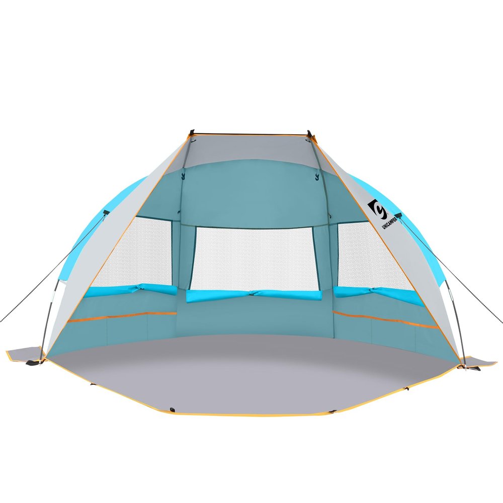 Unicamper Beach Tent 2-3 Person Sun Shelter UPF 50+ with Extended Waterproof Pe Floor & 3 Mesh Roll Up Windows Fits, Portable Beach Shade Easy Setup for Outdoor Camping, Indoor, Fishing, Yard. (Blue)