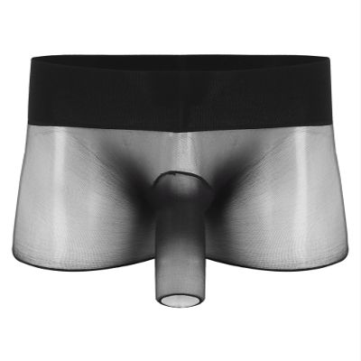 YiZYiF Men's See Through Mesh Boxer Briefs Elephant Nose Open Closed Sheath Panties Shorts Underwear Black&Opening Sheath One Size