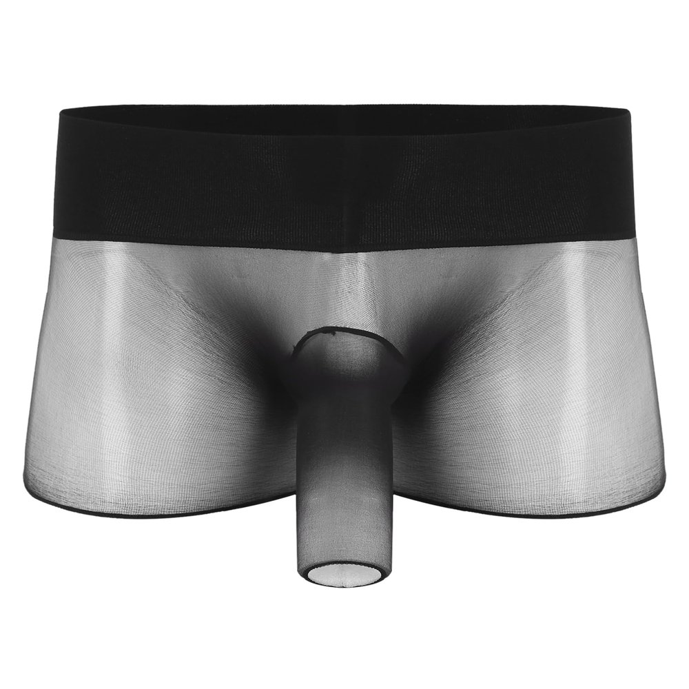 YiZYiF Men's See Through Mesh Boxer Briefs Elephant Nose Open Closed Sheath Panties Shorts Underwear Black&Opening Sheath One Size