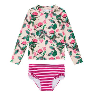 upandfast Toddler and Little Girl's Swimwear UV Protection Long Sleeve 2 Piece Rashguard (Green Pink, 5 Years)