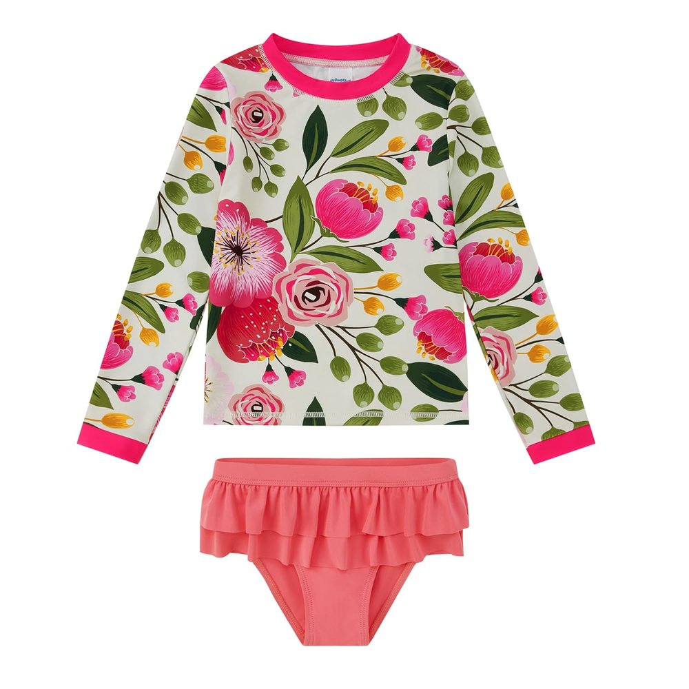 upandfast Girl's Long Sleeve Rashguard UPF 50+ Two Piece Swimwear Set (Rose Flower, 5 Years)
