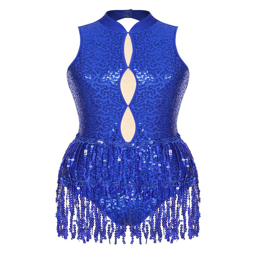 Sinleey Women Shiny Sequin Tassel Fringe Latin Jazz Dance Leotard Bodysuit Backless Gymnastics Leotard RoyalBlue X-Large
