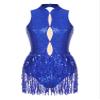 Sinleey Women Shiny Sequin Tassel Fringe Latin Jazz Dance Leotard Bodysuit Backless Gymnastics Leotard RoyalBlue X-Large view 1