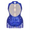 Sinleey Women Shiny Sequin Tassel Fringe Latin Jazz Dance Leotard Bodysuit Backless Gymnastics Leotard RoyalBlue X-Large view 2