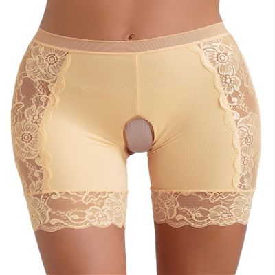 Hularka Women's Lace Trim Boy Shorts Underwear High Waist Hollow Out Safety Shorts Underpants Nude XX-Large