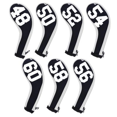 Andux 7Pack Golf Wedge Irons Club Head Covers Degree NO. on Both Sides Long Neck with Zipper Black/White