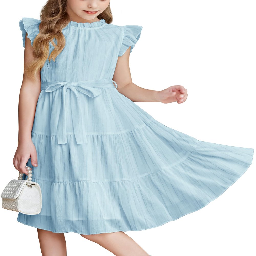 Arshiner Easter Dresses for Girls Summer Party Casual Ruffle Sleeve Flowy DressLight Blue Size 7-8