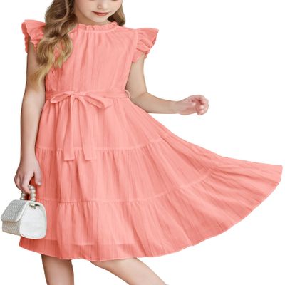 Arshiner Girls Summer Dress Boho Wedding Party Ruffle Sleeve Elegant DressesPink Size 5