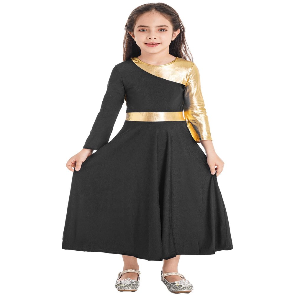 FEESHOW Girls Metallic Cross Liturgical Praise Dance Dress Lyrical Dancewear Kids Color Block Full Length Robe Worship Black 4 Years