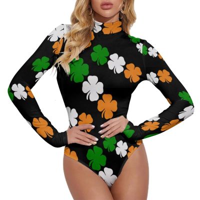 Ireland Colors Flag Shamrock Four Leaf Clovers Women's Long Sleeve Bodysuit Turtleneck Tops Stretch Jumpsuit T Shirts M