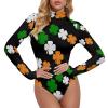 Ireland Colors Flag Shamrock Four Leaf Clovers Women's Long Sleeve Bodysuit Turtleneck Tops Stretch Jumpsuit T Shirts M view 1