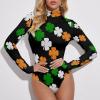 Ireland Colors Flag Shamrock Four Leaf Clovers Women's Long Sleeve Bodysuit Turtleneck Tops Stretch Jumpsuit T Shirts M view 3