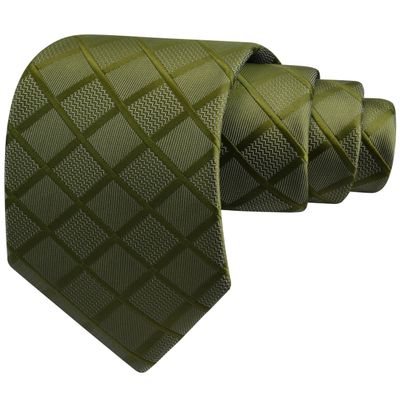 GUSLESON Mens Olive Green Tie for Wedding Party Silk Plaid Checkered Necktie for Business (1034-21)