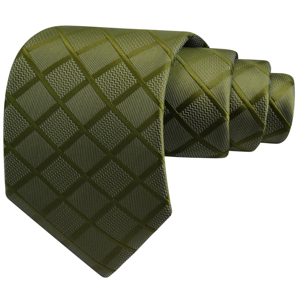 GUSLESON Mens Olive Green Tie for Wedding Party Silk Plaid Checkered Necktie for Business (1034-21)