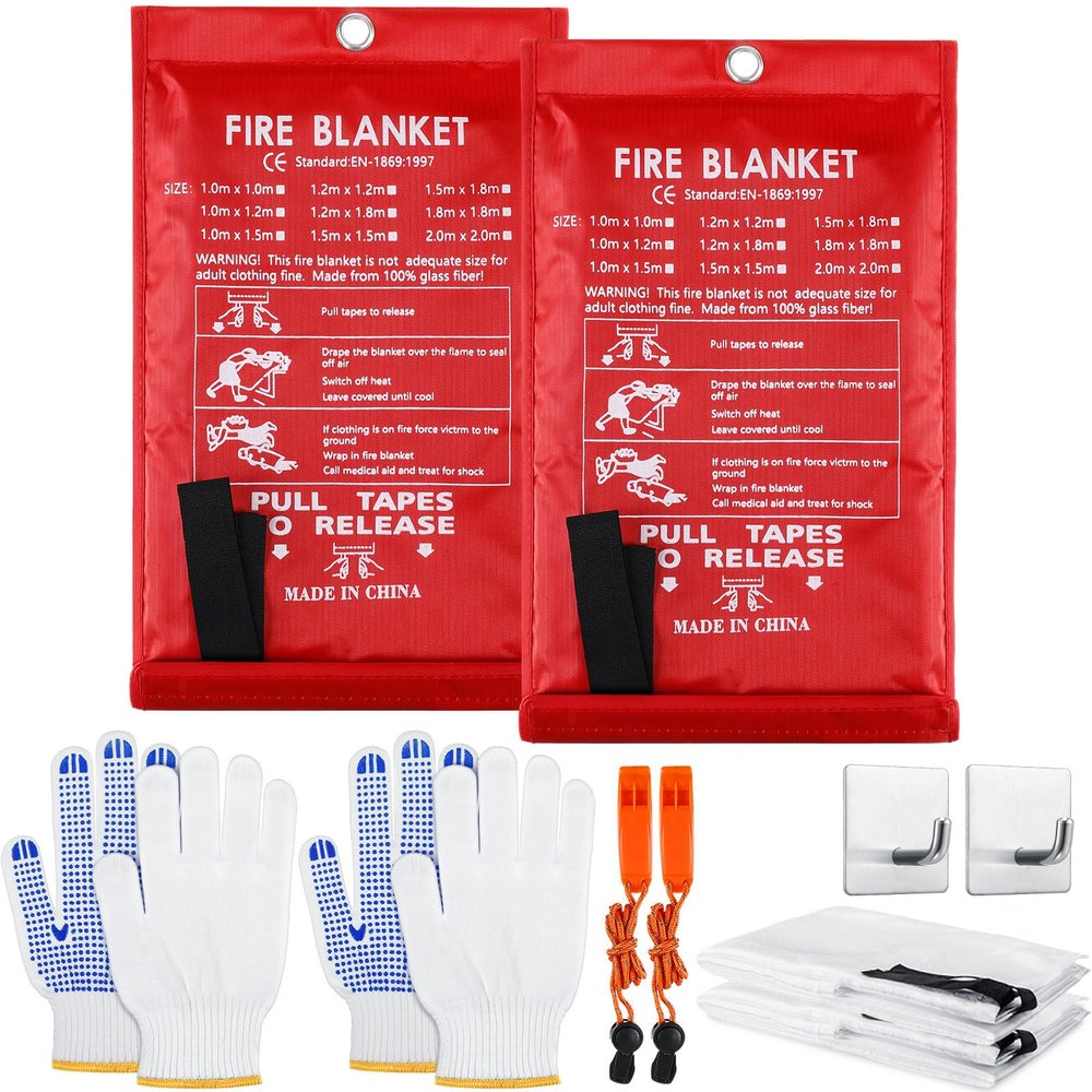 Copkim 2 Sets Emergency Fire Blanket for Home Fire Suppression Thermal Blankets with Emergency Whistles, Hooks and Gloves for Kitchen, Fireplace, Car, Office, 39.3" x 39.3"
