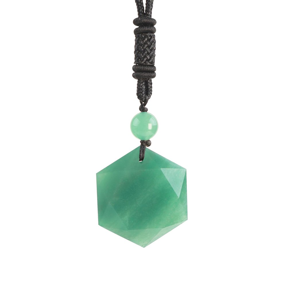Anjiucc Natural Gemstone Green Aventurine Hexagonal Pendant Necklace,Black nylon rope 25 inches, Male and Female Necklace(Green Aventurine)
