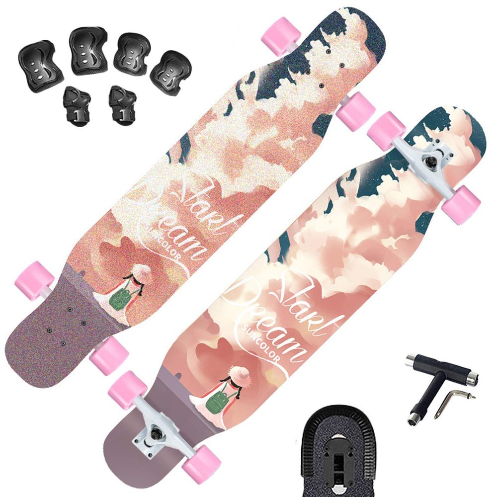 Longboard Include T-Tool Deck Nose Guards Protective Gear kit Drop Through Freeride Skate Dancing Cruiser Boards ABEC-9 Bearings 7 Layers Maple for Adults Beginners Complete Board 12025cm (B)