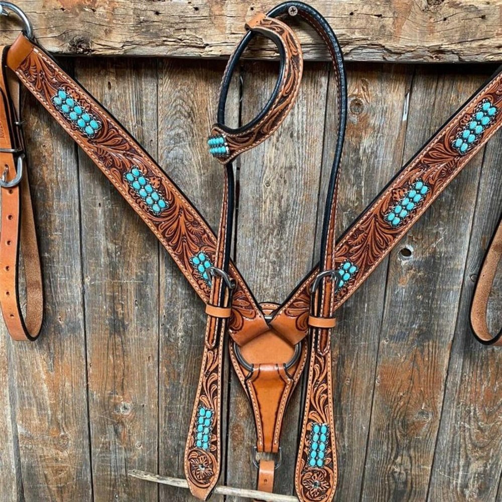 EQUIGEAR Western Leather Hand Tooled Headstall and Breast Collar Set with Reins. /Size-Full,Cob AO-005 (Cob)