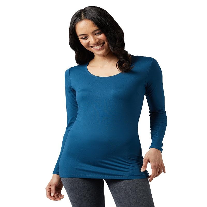 32 Degrees Women's Lightweight Baselayer Scoop Top | Form Fitting | Long Sleeve | 4-Way Stretch | Thermal, Majolica Blue, XX-Large