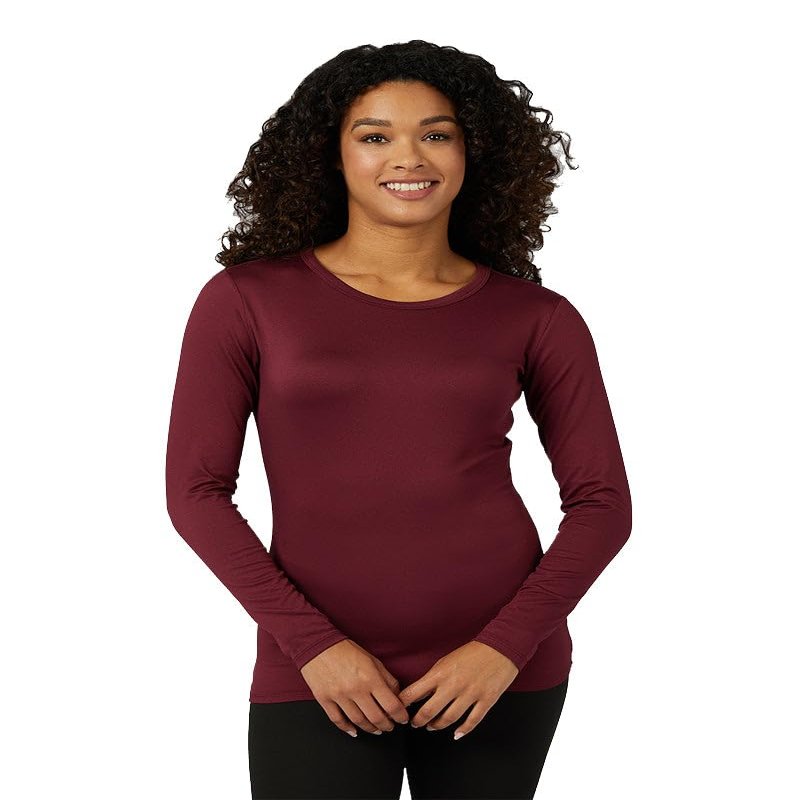 32 Degrees Women's Lightweight Baselayer Crew Top | Form Fitting | Long Sleeve | 4-Way Stretch | Thermal, Maroonish, Small
