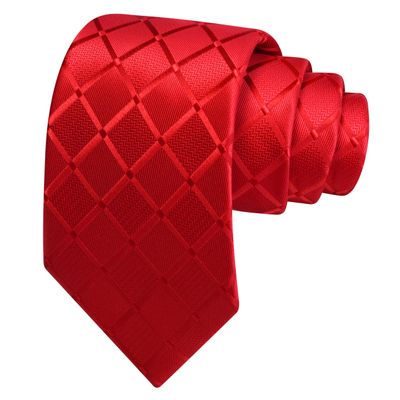 GUSLESON Red Tie for Men Wedding Plaid Checkered Solid Silk Necktie for Business Party (1034-16)