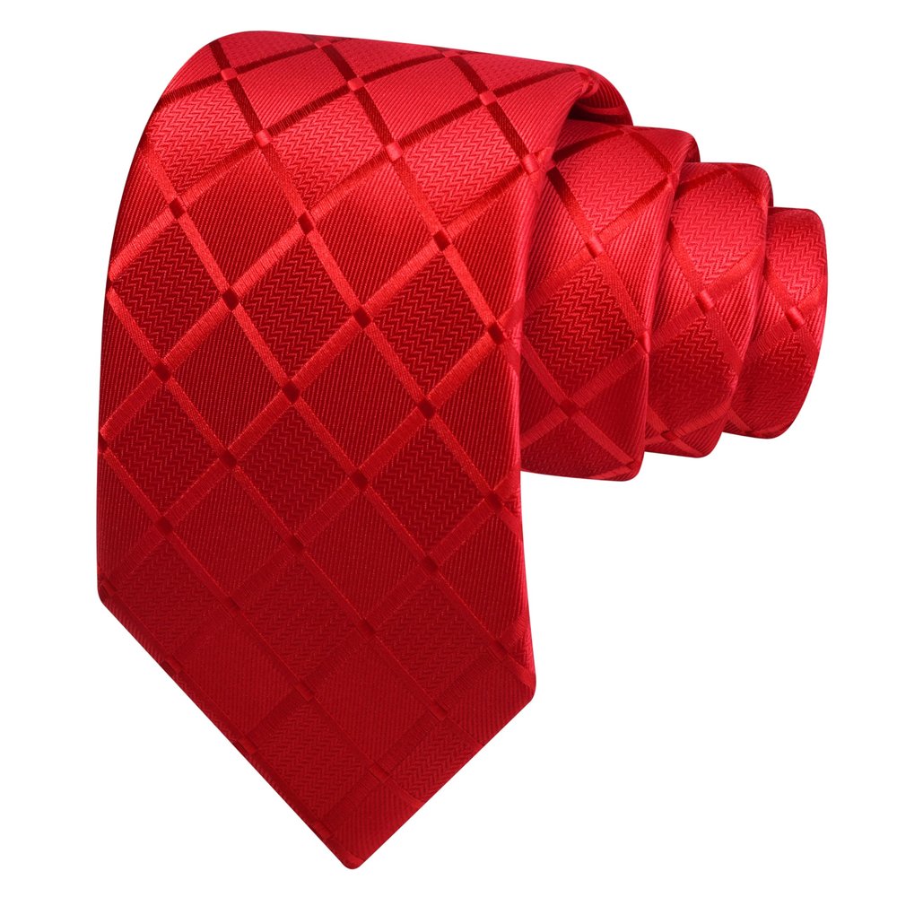 GUSLESON Red Tie for Men Wedding Plaid Checkered Solid Silk Necktie for Business Party (1034-16)