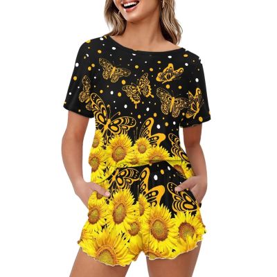 Veniyate Womens Summer Pajamas Set Yellow Sunflower Butterfly Print Two-piece Pj Sets Short Sleeve Shirt and Shorts Sleepwear Loungewear with Pockets