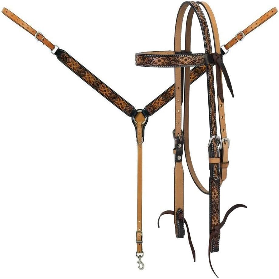 EQUIGEAR Western Leather Hand Tooled Headstall and Breast Collar Set with Reins. /Size-Full,Cob AO-0027 (Full)