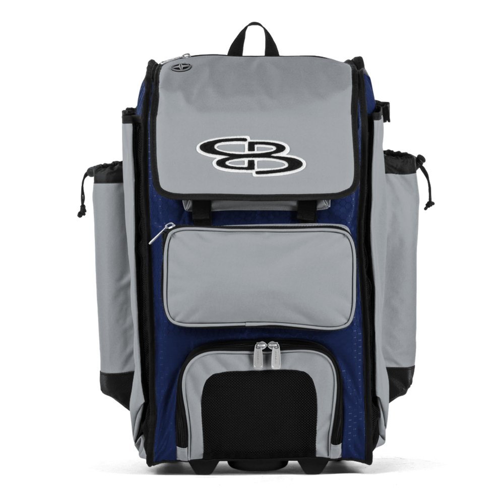 Boombah Rolling Catcher's Superpack Baseball/Softball Gear Bag - 23-1/2" x 13-1/2" x 9-1/2" - BM-9124C23 Royal/Gray - Telescopic Handle - Holds 4 Bats - Wheeled Version