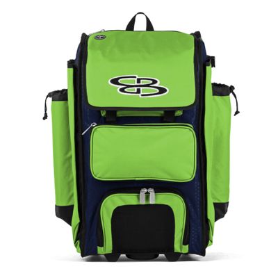 Boombah Rolling Catcher's Superpack Baseball/Softball Gear Bag - 23-1/2" x 13-1/2" x 9-1/2" - BM-9124C23 Navy/Lime Green - Telescopic Handle - Holds 4 Bats - Wheeled Version