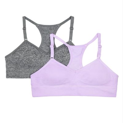 Fruit of the Loom Big Girls Seamless Racerback Sports Bra, Bras for Girls 8-10, 10-12 and Bra for Teen Girls 14+16 2 Pack Stellar Orchid/Charcoal Heather L