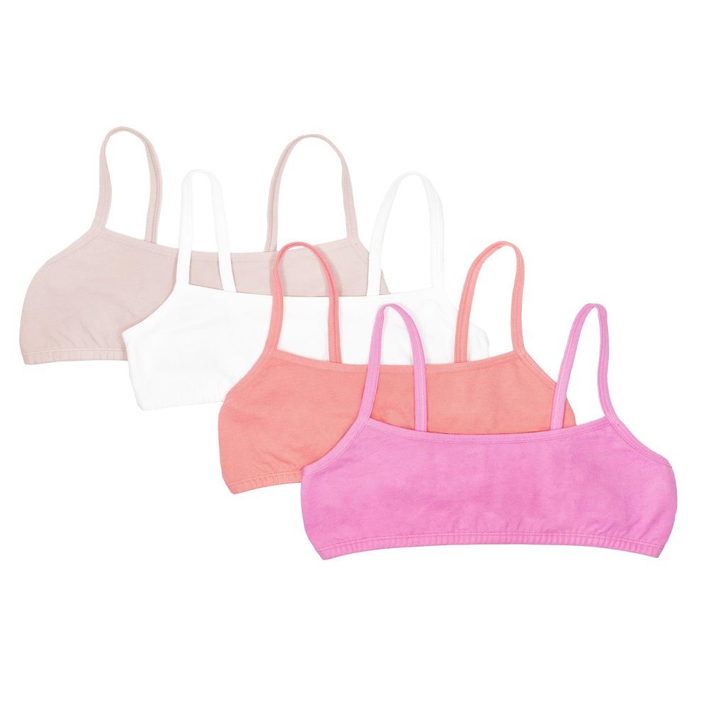 Fruit of The Loom Girl's Spaghetti Strap Sports Bra - Breathable, Stretch Cotton Training Bras for Teens & Girls 4 Pack Miami Pink/Sunset Coral/Rose Shadow/White 34