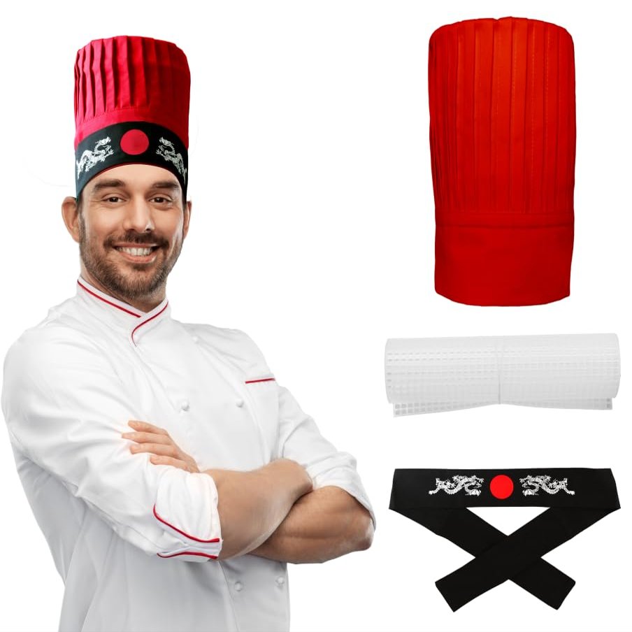 Hibachi Chef Hat Teppanyaki Tall Chef Cap with hachimaki Headband Tie for Chef (Cotton, Red)