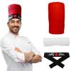 Hibachi Chef Hat Teppanyaki Tall Chef Cap with hachimaki Headband Tie for Chef (Cotton, Red)