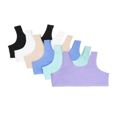 Fruit of The Loom Girls Cotton Built-Up Stretch Sports Bra 6 Pack Aruba Blue/Hyacinth/Cornflower Blue/Light Nude/White/Black 36