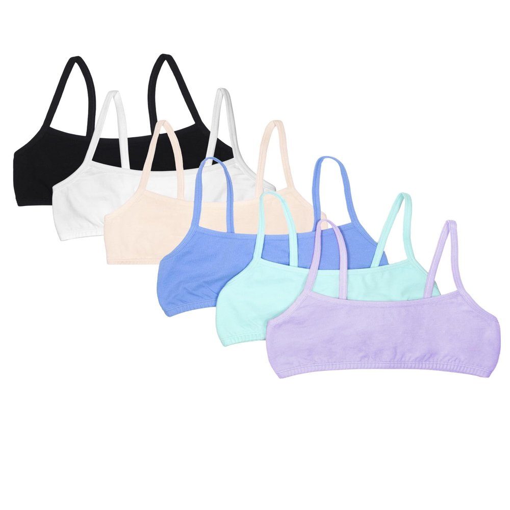 Fruit of The Loom Girl's Spaghetti Strap Sports Bra - Breathable, Stretch Cotton Training Bras for Teens & Girls 6 Pack Aruba Blue/Hyacinth/Cornflower Blue/Light Nude/White/Black 28