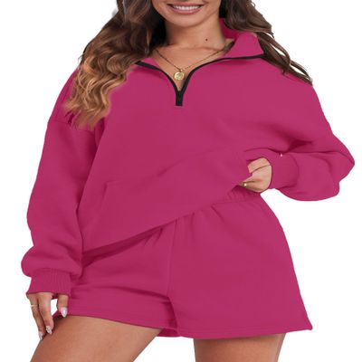 FKEEP Womens Sweatsuits 2 Piece Outfits Half Zip Sweatshirt Sweat Shorts with Pockets Lounge Sets Casual Fall Outfits(Hot Pink,Large)