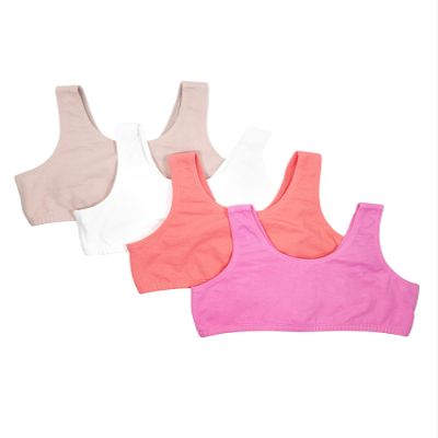 Fruit of The Loom Girls Cotton Built-Up Stretch Sports Bra 4 Pack Miami Pink/Sunset Coral/Rose Shadow/White 34