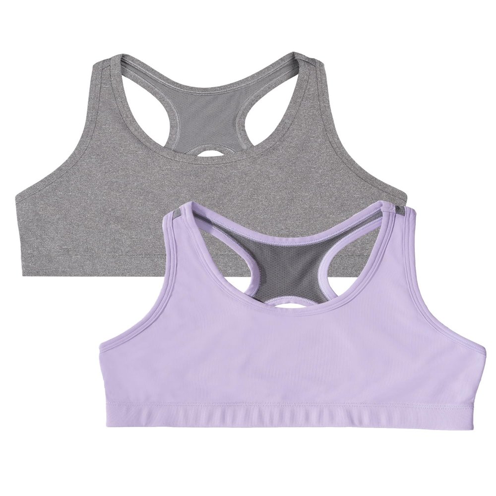 Fruit of The Loom Big Girls Stay Dry Racerback Sports Bra, Performance Sports Bra for Girls and Tweens with a Sustainable Fabric 2 Pack Stellar Orchid W Grey/Charcoal M