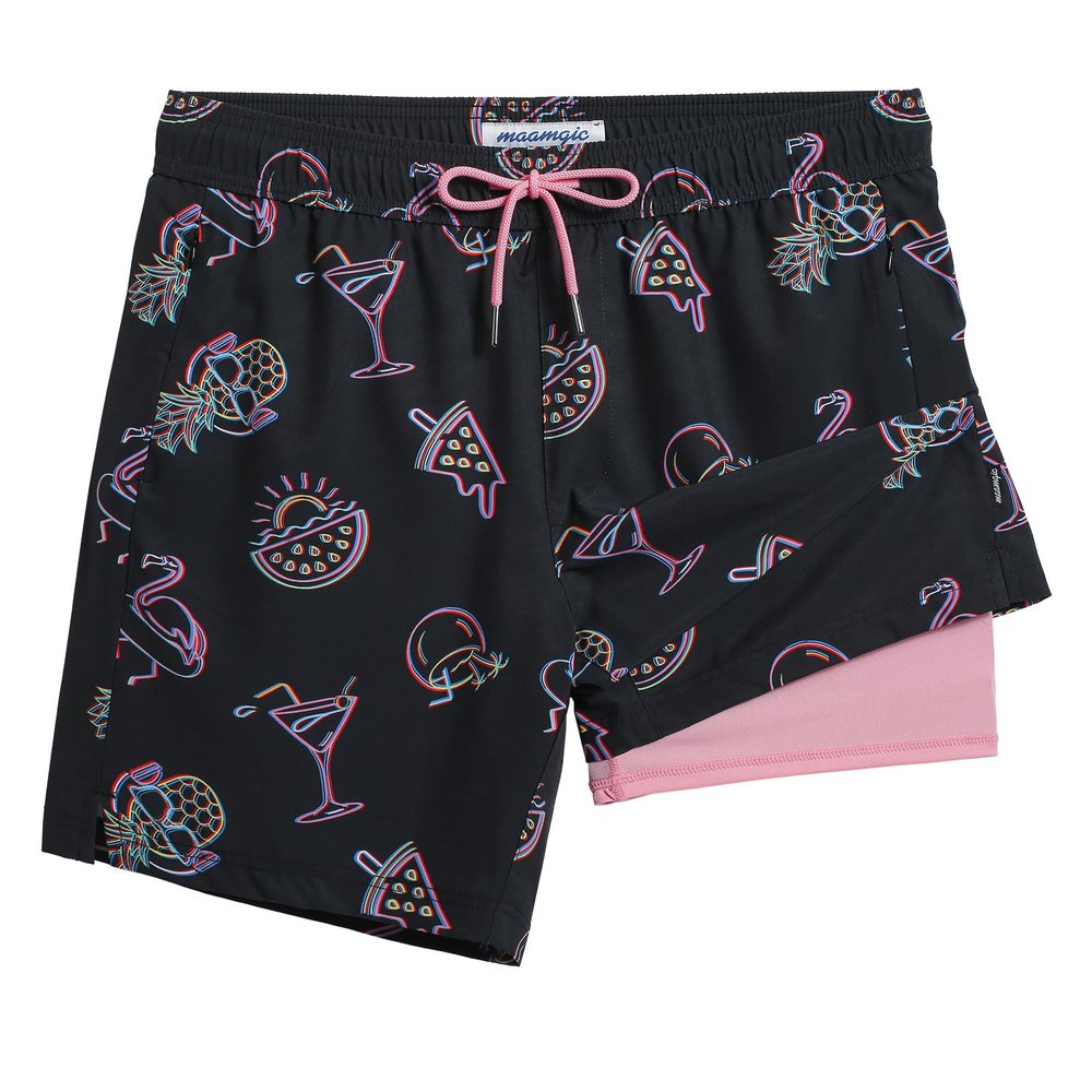 maamgic 2 in 1 Mens Swim Trunks 7 Inch Swim Shorts Swim Suits Board Shorts Party Night-Black Large