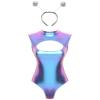 Lorilida Womens Shiny Metallic High Cut Leotard Bodysuit with Headband for Raves Alien Costume Blue Large view 1