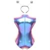 Lorilida Womens Shiny Metallic High Cut Leotard Bodysuit with Headband for Raves Alien Costume Blue Large view 2