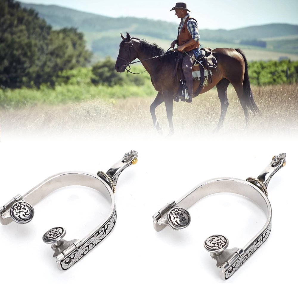 VINGVO Horse Spurs, 2PCS Stainless Steel, Exquisite Engraved Pattern Horse Boot Spurs, Western Cowboy Spurs with Gear Reining Horse Cowboy Show Spurs for Horse Training
