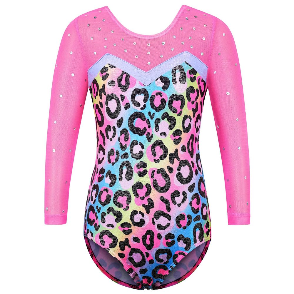 BAOHULU Gymnastics Leotard for Girls Shiny Sequin Sleeve Practice Dancewear B346_PinkLeopard_10A