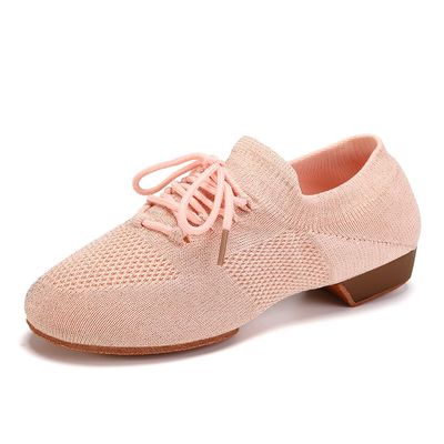 JUODVMP Women's Knits Dance Shoes Classical Lace-up Jazz Ballet Flats Casual Walking Sneakers,Pink,7.5 US