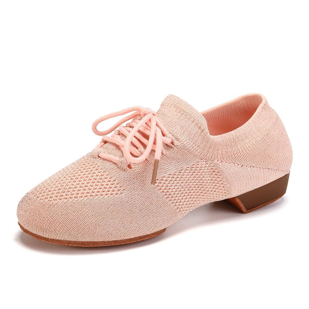 JUODVMP Women's Knits Dance Shoes Classical Lace-up Jazz Ballet Flats Casual Walking Sneakers,Pink,7.5 US