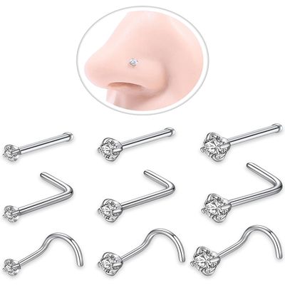 Nose Rings Studs: 9Pcs 20g Silver 316L Surgical Stainless Steel Nose Studs Hypoallergenic L Shape/Corkscrew/Straight Nose Piercing Stud Jewelry for Women Men Clear Cubic Zirconia Imitation Diamond Top Size 1.5mm 2mm 3mm