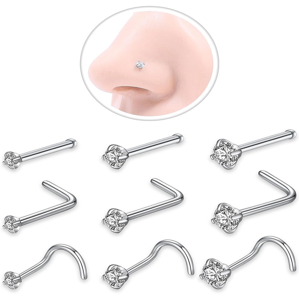 Nose Rings Studs: 9Pcs 20g Silver 316L Surgical Stainless Steel Nose Studs Hypoallergenic L Shape/Corkscrew/Straight Nose Piercing Stud Jewelry for Women Men Clear Cubic Zirconia Imitation Diamond Top Size 1.5mm 2mm 3mm