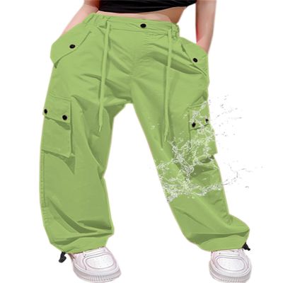 Cromoncent Girls High Waist Parachute Pants Y2K Cargo Trousers with Pockets, Green, 6-7 Years = Tag 130
